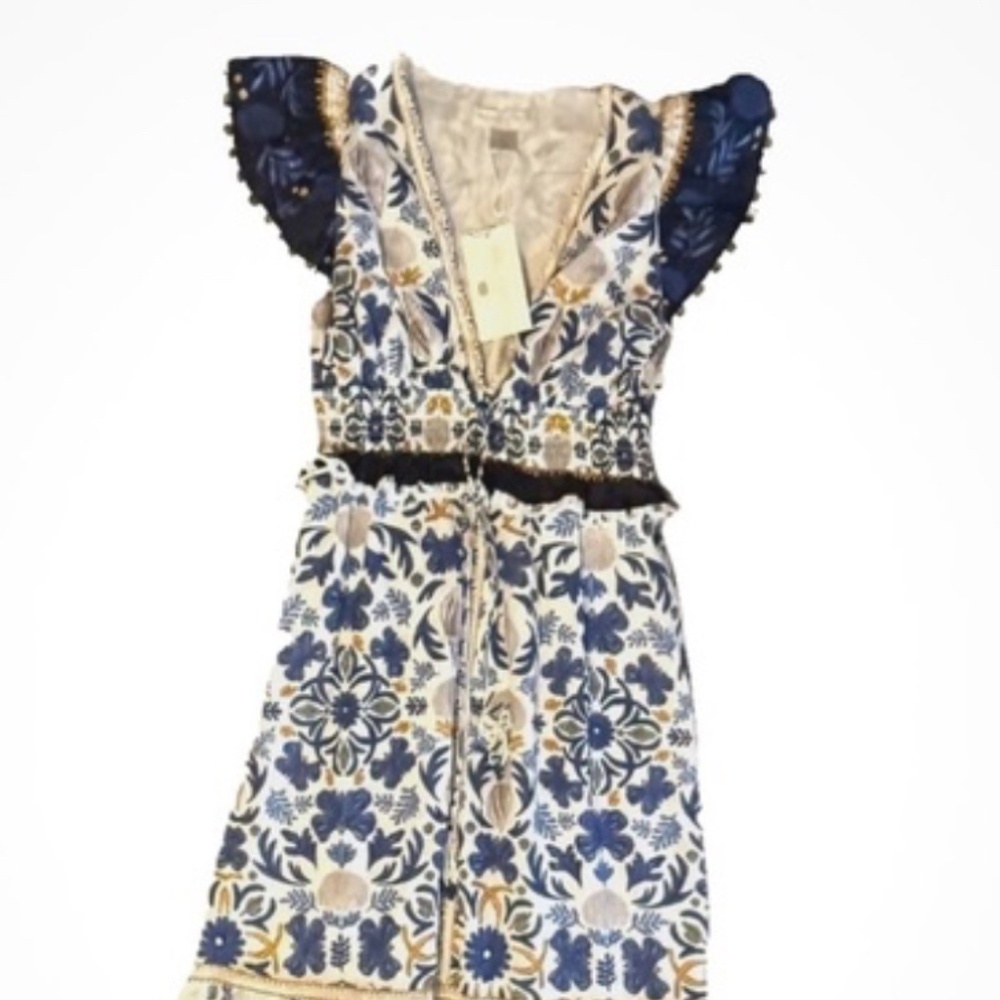 Caroline Constas NWT Blue White Maxi Dress L Beaded Tassel Long Stunning Smocked